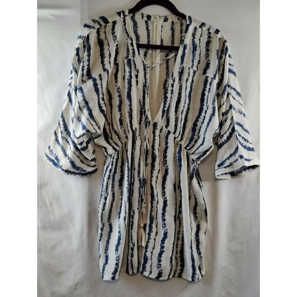 VTG. EN Creme Tie Neck Zip Up Short Sleeve Dress Ivory Green Tie-Dye Size Medium - Picture 1 of 12